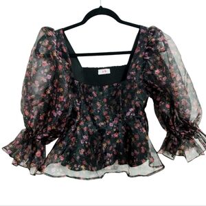 Buddy Love Women's Pammie Puff Empire Peplum Sheer Rosette Baby Doll Top XS